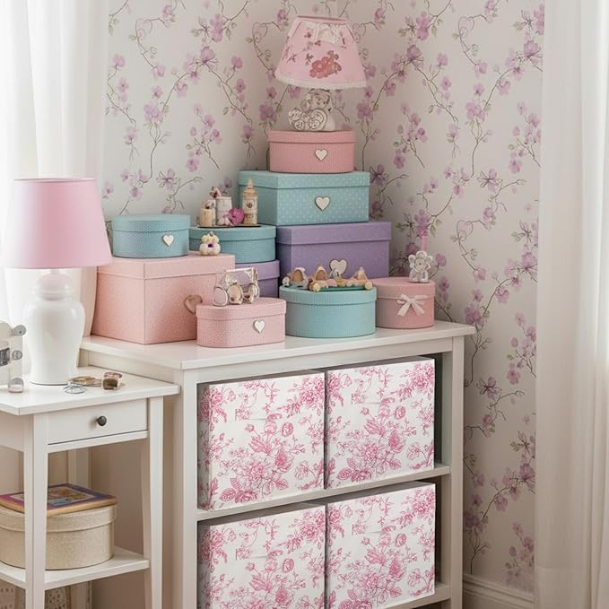 Geelin 6 Pcs Pink Floral Cube Storage Bins 11 Inch Pink Flower Storage Basket with Handle, Preppy Girls Organizer Basket, Collapsible Fabric Box for Classroom Bedrooms Office Home Decoration Gift