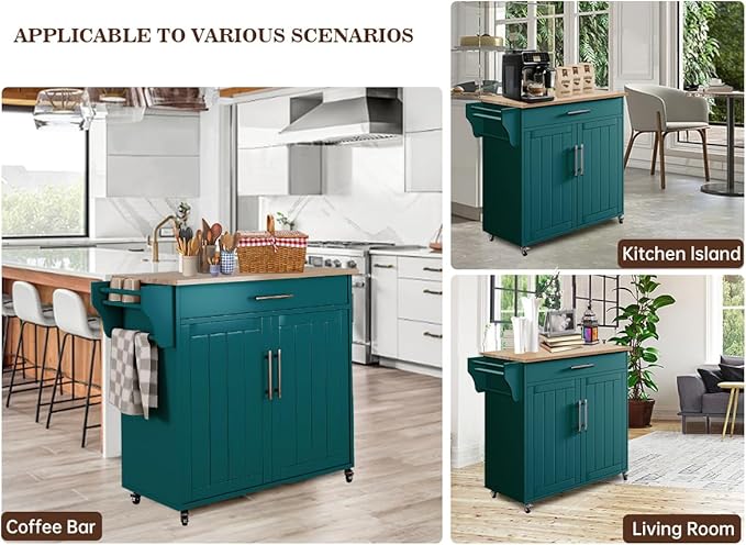 Kitchen Storage Island, Wooden Rolling Kitchen Island On Wheels with Countertop, Mobile Kitchen Island Cart with Towel Rack, Spice Rack and Drawers, Green