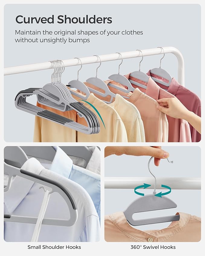 SONGMICS 100 Pack Coat Hangers, Heavy-Duty Plastic Suit Hangers, S-Shaped Opening, Space-Saving, 360º Swivel Hook, 16.3 Inches Wide, Light Gray and Dark Gray UCRP041G100