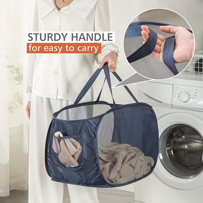 HONOMA Sturdy Mesh Laundry Hamper Basket Bag,Pop up Basket with Side Pocket for Laundry Room, Bathroom, Kids Room, College Dorm or Travel (Pop Horizontal, Grey + Grey)