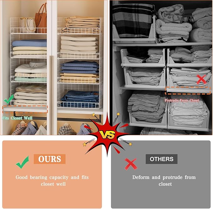 4 Tier Stackable Closet Organizers and Storage Shelves, Foldable Closet Shelf Organizer System, Stackable Storage Bins Drawers for Clothes Organizer System, White(Patent Pending)