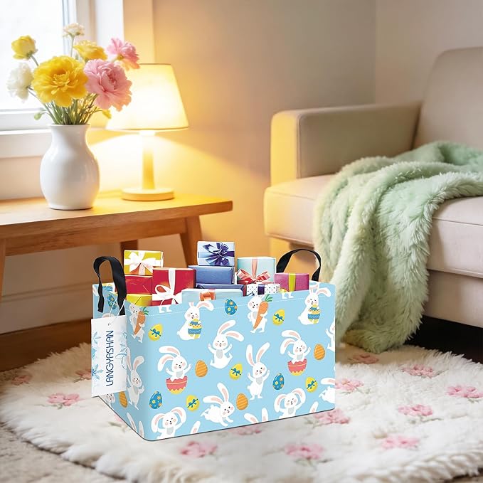 LANGYASHAN Rectangular Storage Bin Collapse Canvas Fabric Cartoon Storage Basket with Handles for Organizing Home Kitchen Boys and Girls Toys Office Closet Shelf Baskets (Rec Blue Rabbit Easter Egg)