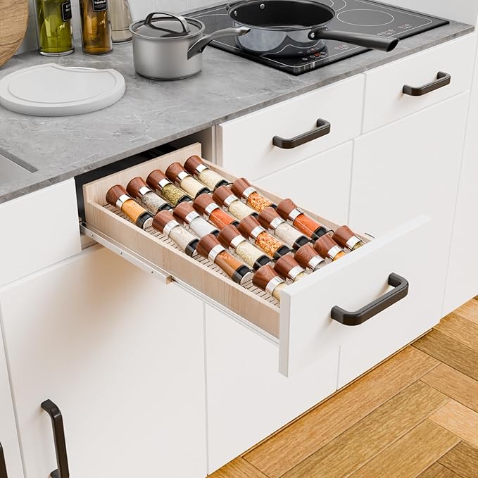 Yieach 4 Pack Adjustable Narrow Spice Rack for Drawer - Expandable From 9" to 17.7" - Acrylic Drawer Seasoning Organizer,Tiered Clear Spice Tray for Spices,Condiment,Nail Polish and Jar Organization