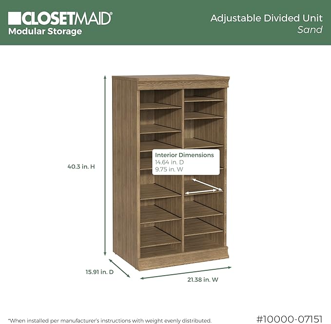 ClosetMaid Modular Adjustable Divided Storage Shelving Unit Organizer, 15.94-Inch D x 40.3-Inch H x 21.38-Inch W, Sand