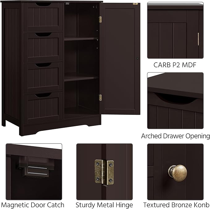 Yaheetech Large Bathroom Floor Cabinet with 4 Drawers and Single Door Cabinet, Freestanding Storage Cabinet for Living Room Kitchen Hallway, Espresso