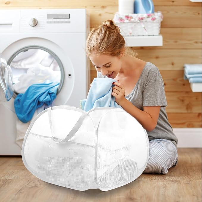 Collapsible Laundry Basket, 90L Large Foldable Mesh Pop Up Hamper for Laundry, Dirty Clothes, Bedroom, Bathroom, Dorm, Laundry Room, Travel, Camping, White