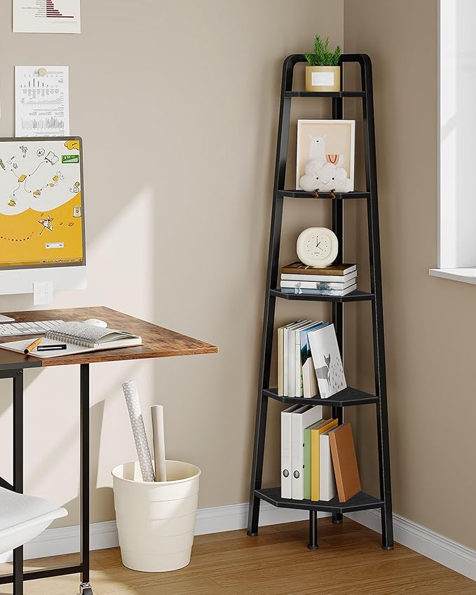 Corner Shelf, 5-Tier Ladder Corner Shelf, Ladder Bookshelf, 59.6" Tall Vertical Display Stand, Metal Frame Bookshelf, for Living Room, Bedroom, Kitchen, Black TCJ20BB