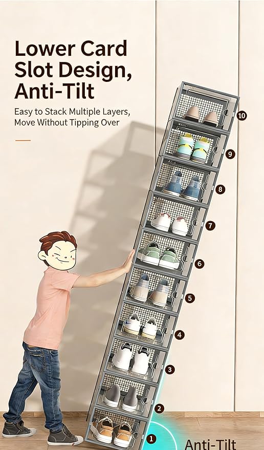 12 piece double frame transparent shoe box; Stackable plastic box shoe storage artifact; Foldable shoe box dormitory space saving shoe rack