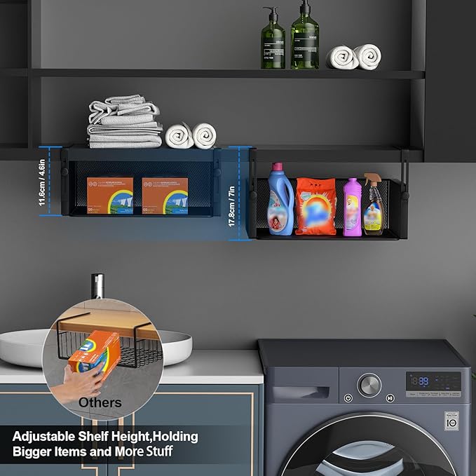 2Pack Under Shelf Basket Organizer,Adjustable Hanging Holder for Cabinet Pantry Kitchen Cupboard Desk Counter Bookshelf Organization Add-on Space Saver Heavy Duty Slide-in (Black, Large)