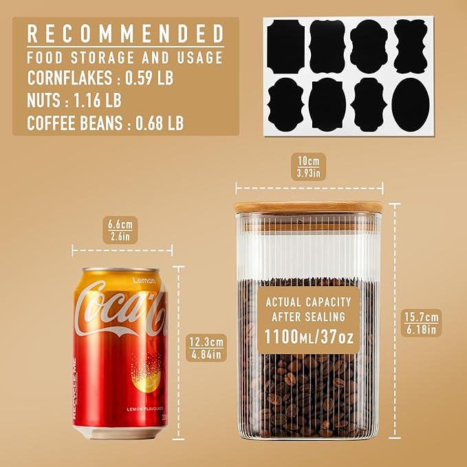 D2scrma 37oz Airtight Glass Square Storage Canisters with Bamboo Lids Set of 6 (1100ml) Striped Stackable Containers, Decorative Kitchen Jars for Tea, Nuts and Coffee (‎with Black Lable)