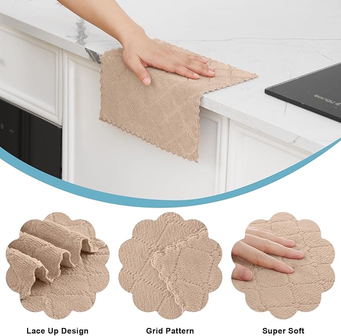 Homaxy 12 Pack Kitchen Dish Cloths (10 x 10 Inches, Tan), Super Soft and Absorbent Coral Velvet Dish Towels, Nonstick Oil Fast Drying Microfiber Cleaning Cloth, No Lint Household Dishcloths