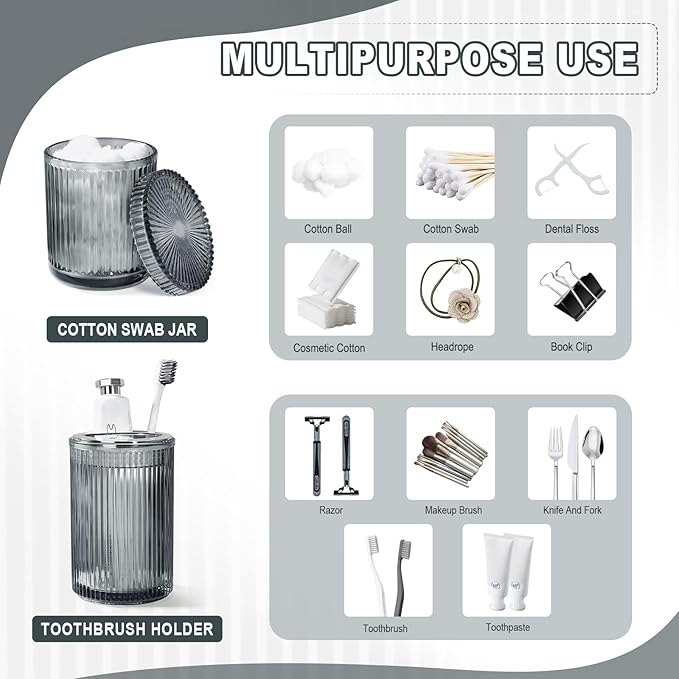 Gray Glass Bathroom Accessories 4 Pcs, Grey Bathroom Set, Soap Dispenser and Toothbrush Holder Set, Qtip Holder Set, Vintage Bathroom Sink Set, Modern Bathroom Decor