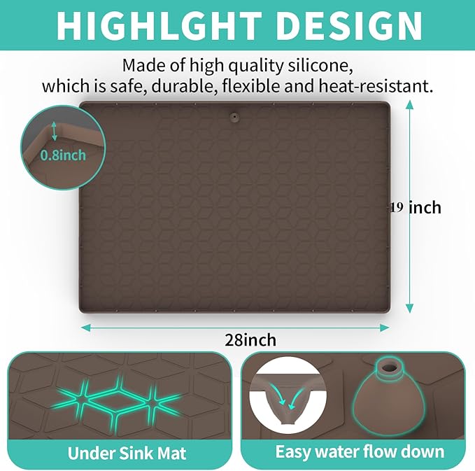 Under Sink Mat for Kitchen Silicone Waterproof Under Sink Liner, Flexible Sink Cabinet Organizer Tray with Drain Hole, Hold up to 3.3 Gallons Liquid, Easy to Clean (Brown, 28X19)