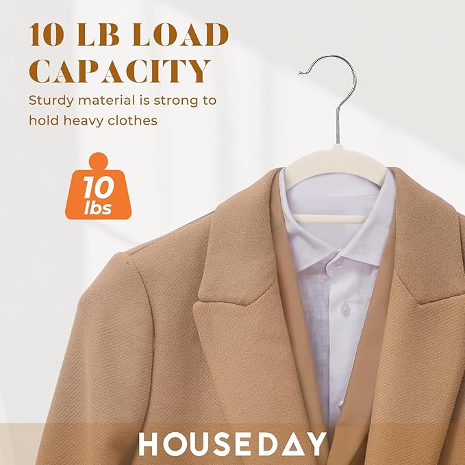 HOUSE DAY Velvet Hangers with Tie Bar 60 Pack Ivory, Clothes Hanger Non-Slip, Space Saving Felt Hangers for Pants, Coat, Suits, Shirt, Scarf, No Hanger Marks