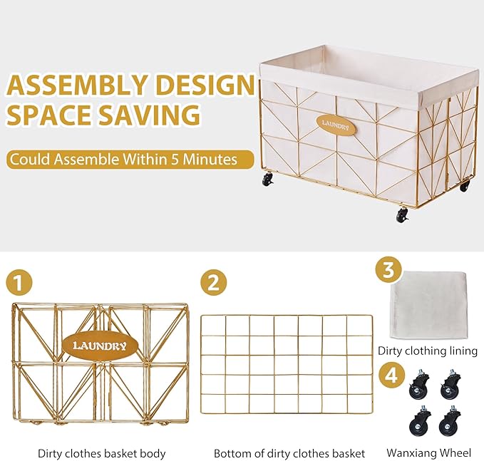 Mxfurhawa Laundry Hamper, 65L Collapsible Laundry Basket Large Capacity Metal Laundry Hamper with Removable Liner, Rolling Wheels and Collapsible Design for Storage and Organization (65L Rectangular)