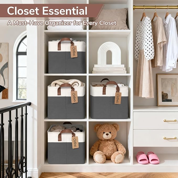CHICVITA 4 Pack Large Storage Baskets for Shelves, Collapsible Closet Organizer Bins with Handles, Decorative Shelf Baskets for Bedroom Living Room, 16.8" x 11" x 9.8", Gray & White