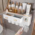 iHave Toothbrush Holders Wall Mounted with Toothpaste Dispenser & 4 Cups - Premium White and Gold Design for Bathroom Decor, All-in-One Bathroom Organizers & Storage for Toothbrushes and Accessories