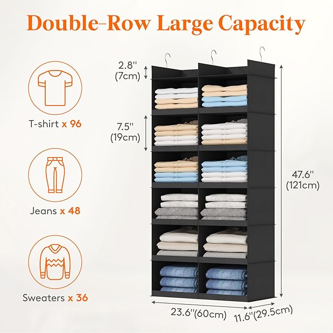 Lifewit Dual-Row Shelf Hanging Closet Organizer and Storage, Clothes Shelves with 3 Sturdy Hooks for Clothing Organization, Foldable Container Hold Up to 36 Sweaters, 6 Tier 12 Sections, Black