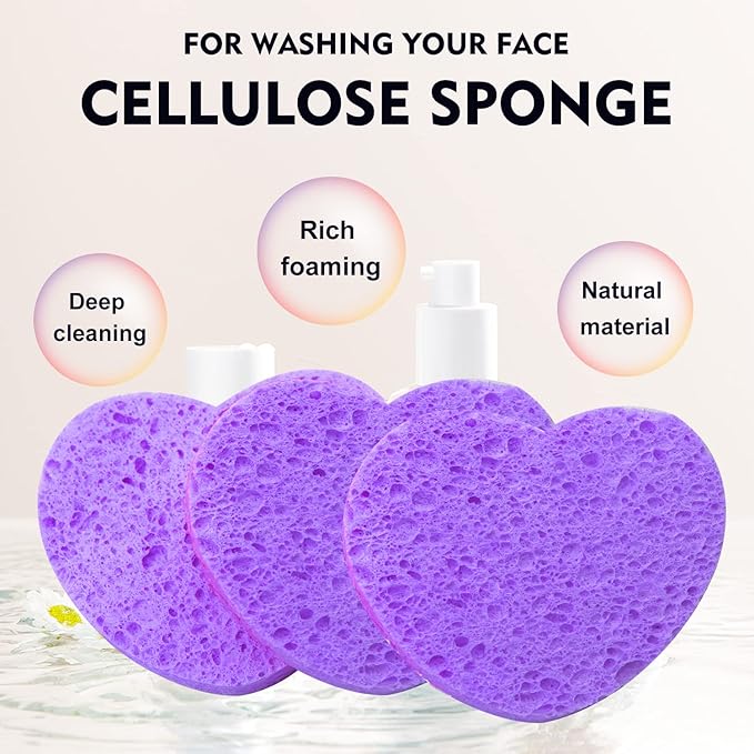 100-Count Compressed Facial Sponges for Estheticians Heart Shape Natural Cellulose Sponge Professional Cosmetic Spa Sponges for Face Cleansing, Massage, Pore Exfoliating, Mask, Makeup Removal, Purple