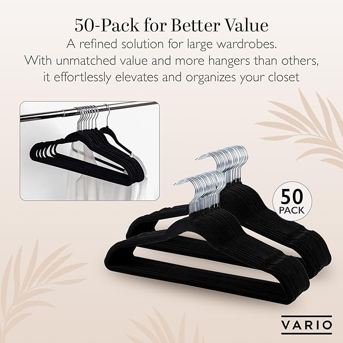 50-Pack Velvet Hangers – Heavy Duty, Non-Slip Clothes Hangers with Chrome Hooks | Slim & Space-Saving Design for Coats, Suits & Plus Size Tops (Grey)