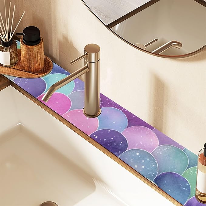 Kitchen Sink Splash Guard 1 PC 30 Inch Sink Faucet Mat Splash Guard for Bathroom Countertop Water Absorbent Foldable Cuttable Soft Washable Watercolor Mermaid Scales Colors