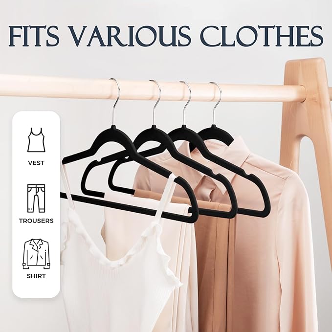 HOUSE DAY Black Velvet Hangers 40 Pack, Non Slip Clothes Felt Hanger Heavy Duty for Coat, Premium Slim Space Saving Suit Hangers for Closet Organizer, 360° Rotating Silver Hook