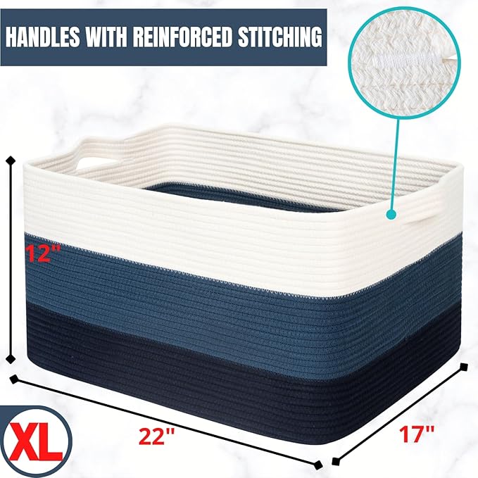 MINTWOOD Design 22in Extra Large Blanket Basket Holder Living Room, Rectangle Rope Woven Storage Basket with Handles for Laundry, Pool Towels, and Shoes, Dog Toy Organizer Bin Box, 3-Tone Blue