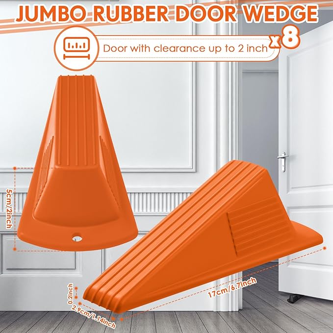 Frienda 8 Pcs Jumbo Door Stoppers Heavy Duty Door Stopper Tall up to 2inch Tall Wedge TPR Large Wedge Stackable Big Rubber Doorstop for Hotel Carpet Hardwood Concrete and Tile (Orange)