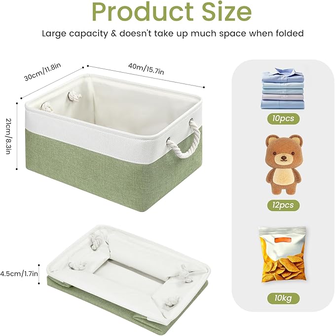 Large Storage Baskets- 15.7x11.8x8.26 inch Storage Bins for Shelves and Closet Organizing, Foldable Fabric Bin for Home Organization Clothes and Laundry (3-Pack, White&Green)