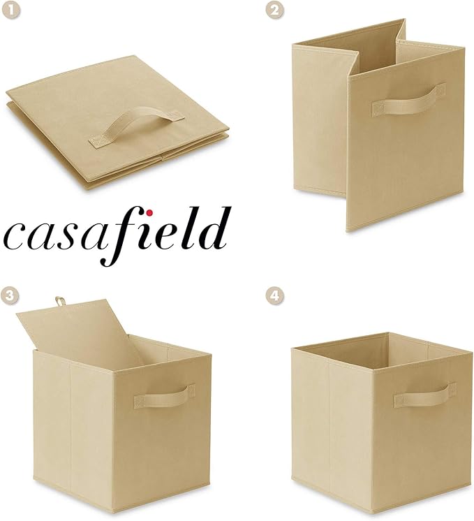 Casafield Set of 6 Collapsible Fabric Cube Storage Bins, Sandy Beige - 11" Foldable Cloth Baskets for Shelves, Cubby Organizers & More