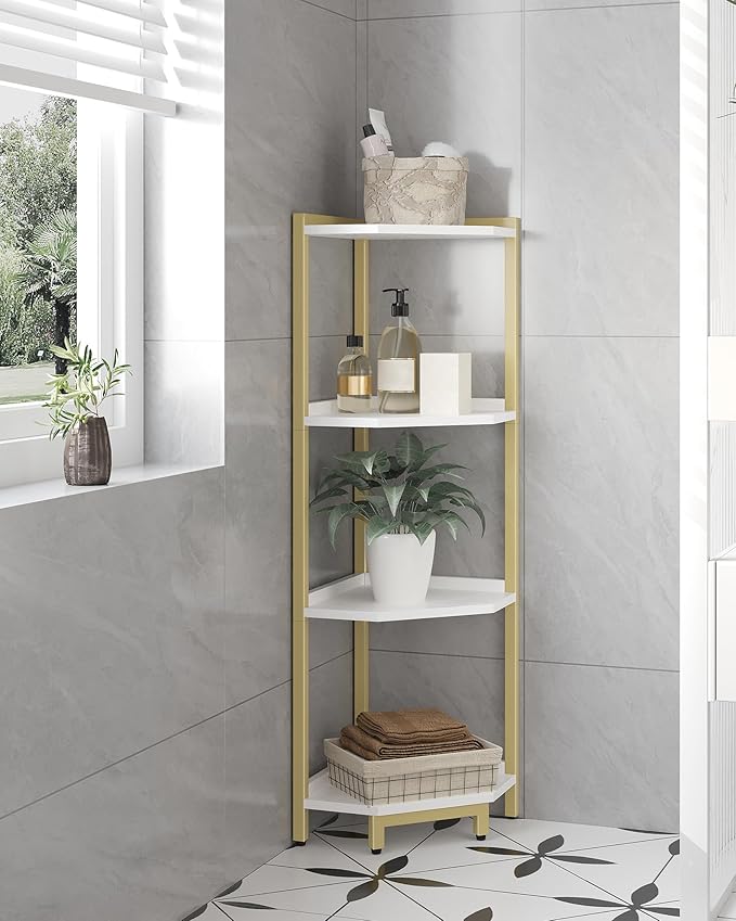 Corner Shelf Stand, Corner Bookshelf, Storage Standing Shelf Unit with Metal Frame, Plant Stand, Bookcase for Living Room, Home Office, Bedroom, 4-Tier White Gold CS05803A