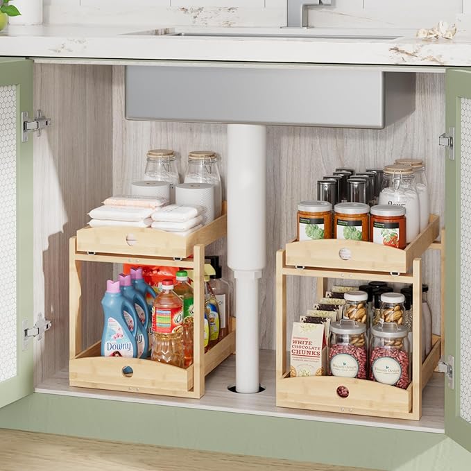 2 Pack Under Sink Organizer, Bamboo Wooden 2-Tier Pull-Out Storage with Sliding Drawers for Kitchen and Bathroom Cabinets, Easy Installation (Natural)