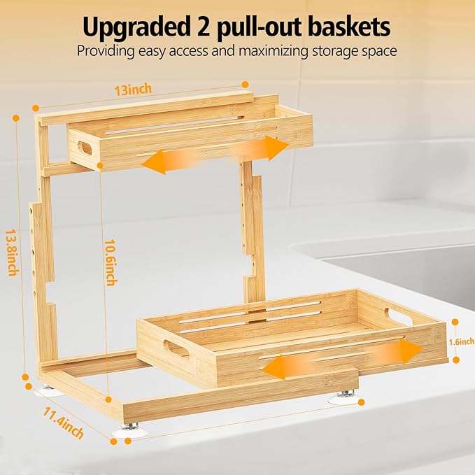 Under Sink Organizer, Pull Out Cabinet Organizer, 2 Tier Slide Out Sink Shelf Cabinet Storage Shelves, Storage for Kitchen Bathroom, Natural Premium Bamboo Wood