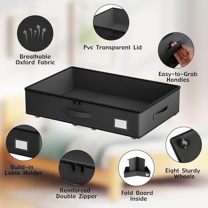 EE-RoomWorld Underbed Storage With Wheels, No Assembly Required - 5.5 Inch Height Black Underbed Bins, Low Profile Rolling Shoe Storage Containers for Dorm