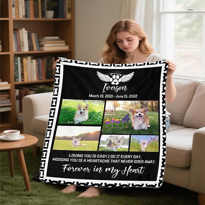 D-Story Pet Memorial Gifts - Dog Memorial Blanket Personalized with Photo - Pets Remembrance Sympathy Gift for Who Loss of Dog - Custom Dogs Passed Away Ornament with Picture Blankets