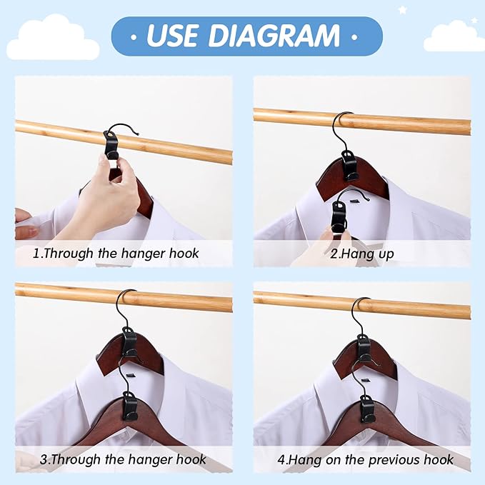 Fumete 300 Pcs Clothes Hanger Connector Hooks Extender Clips Heavy Duty Cascading Plastic Hanger Hooks Space Saver for Closet Space Saving Connection Coat Organizer(Black)