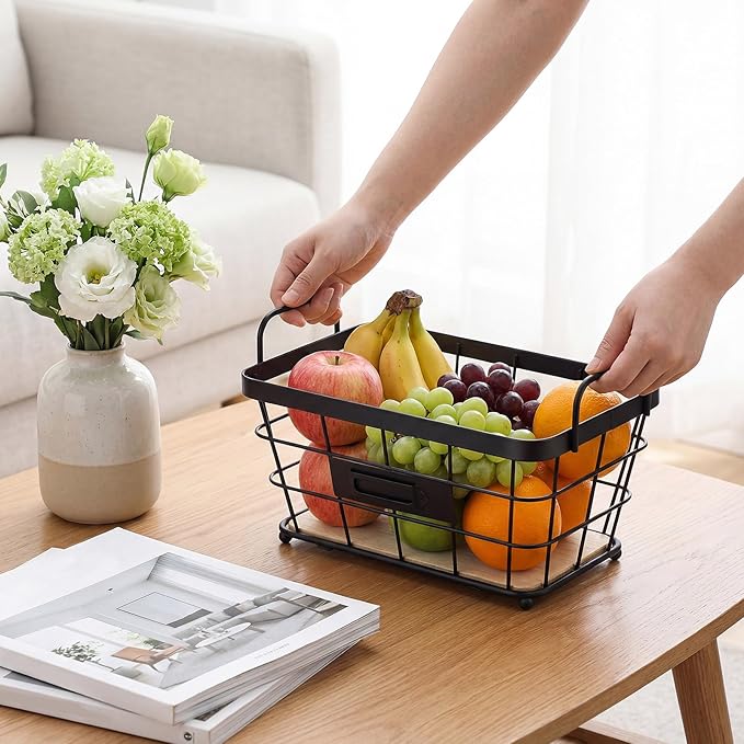 4 Pcs Black Metal Wire Pantry Storage Baskets with Wood Bottoms Small Wire Basket 8.8 x 5 x 5 Inch Farmhouse Decoration Metal Pantry Storage Organizing Caddy Bin Baskets for Bathroom Kitchen