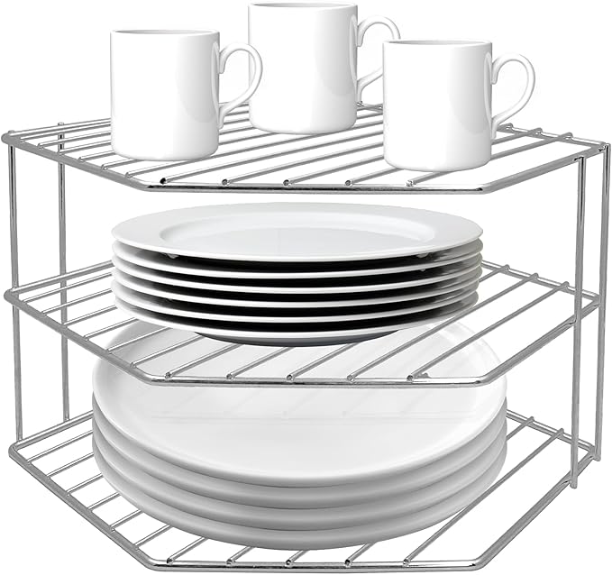 3-Tier Corner Shelf Counter and Cabinet Organizer - Steel Metal Wire - Rust Resistant - Plates, Dishes, Cabinet & Pantry Organizer - Kitchen Organization (10 x 7.5 Inch) (Chrome)