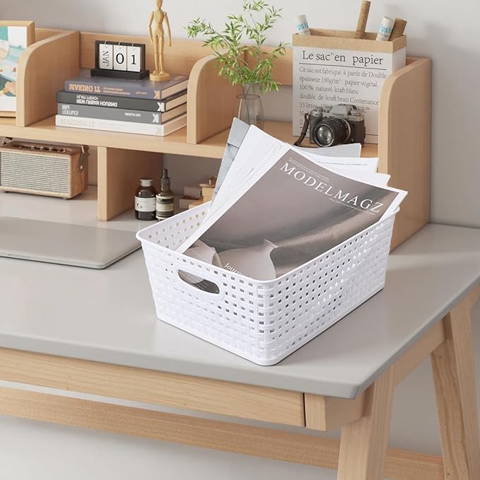 Pack of 4 Plastic Storage Basket,White Desktop File Paper Letter Organizer Tray,Plastic Baskets for Organizing（11.4"X9"X4.7" ）