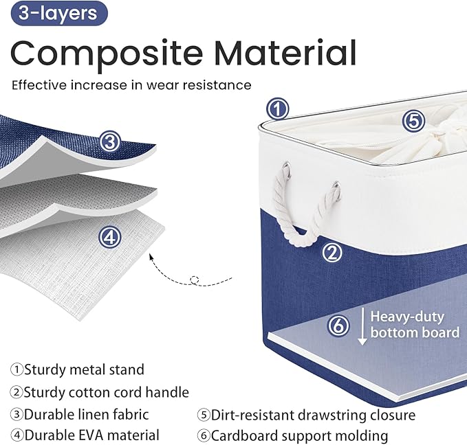 Large Storage Baskets- 16x12x12 inch Storage Bins for Shelves and Closet Organizing, Foldable Fabric Bin for Home Organization Clothes and Laundry (3-Pack, White&Blue)