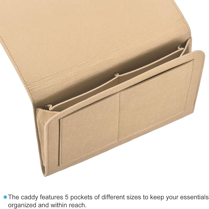 PATIKIL 13in Bedside Caddy, Bed Caddy Bedside Organizer Hanging 5 Pocket Soft Felt Bed Pockets Bedside Storage Organizer Remote Control Holder for Bedroom Phones Glasses, Beige