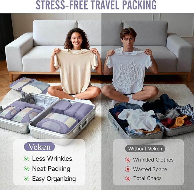 Veken 8 Set Packing Cubes for Travel Essentials, Suitcase Organizer Bags in 4 Sizes, Carry-On Luggage Accessories with Large Laundry & Hanging Toiletry Bag, Must-Have for Airplane, Road Trip & Camping