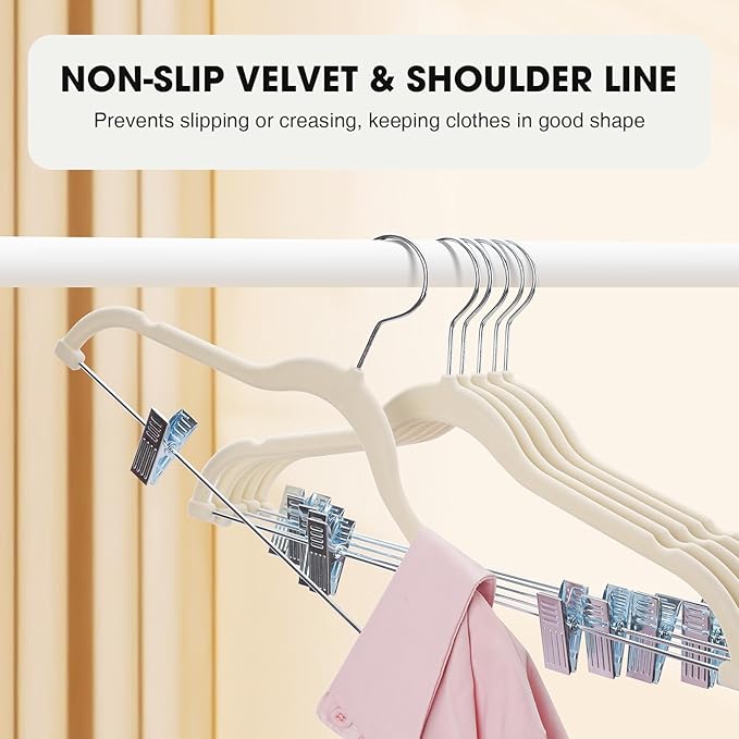 36-Pack Beige Velvet Hangers with Clips Adjustable,Adult Hangers,Heavy-Duty,Felt,Non-Slip,Space Saving,Slim Outfit Hanger for Pants, Skirts, Suits,Coats, Dresses ect.