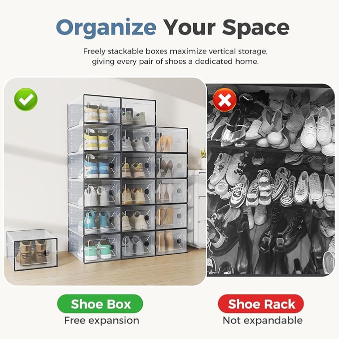 DUMOS Clear Shoe Storage Boxes, 15-Pack Plastic Stackable Shoe Containers with Lids, Display Sneaker Case Organizer for Closet, Under Bed, Entryway,Black (Fit Size 9)