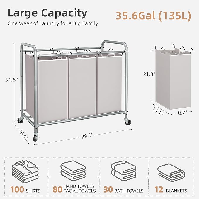 STORAGE MANIAC 3 Section Laundry Sorter, 35.6 Gal (135 L) Laundry Hamper Cart with Heavy Duty Rolling Lockable Wheels and Removable Bags, Clothes Organizer Basket Clothes Separator Hamper, Gray