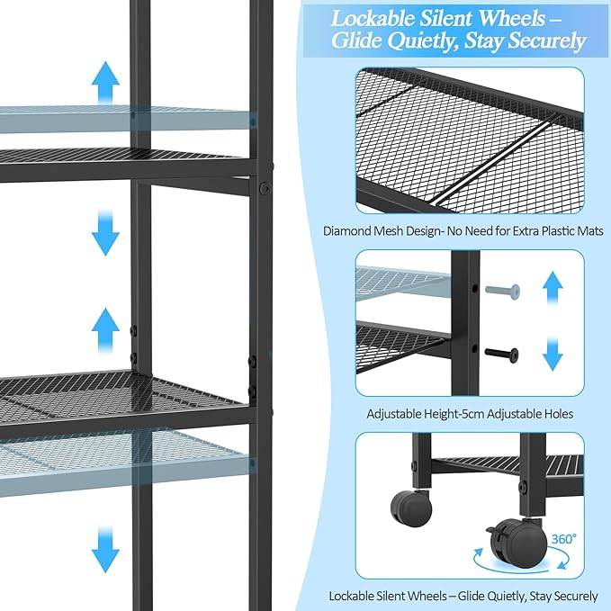 5 Tier Metal Shelving Unit, Storage Shelving with Adjustable Shelves, Extra Wide Metal Storage Rack with Wheels for Kitchen, Garage, Pantry & Closet Organizer, 32.7" L x11.8 D x 51.5" H