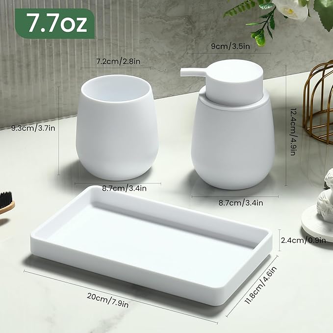 Bathroom Accessories Set, Modern 3 Pcs Bathroom Essentials - Soap Dispenser, Toothbrush Holder & Tray, Countertop Vanity Organizer (White)