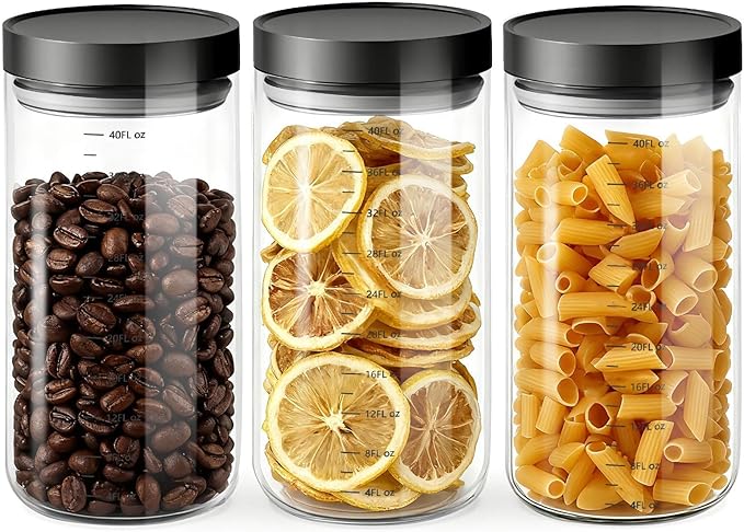 Danbark Set of 3 42oz Airtight Glass Storage Canisters with Lids - Pantry Organizers and Storage Glass for Kitchen - for Pantry, Flour, Sugar, Coffee, Tea, Pasta, Rice, and Snacks - Black