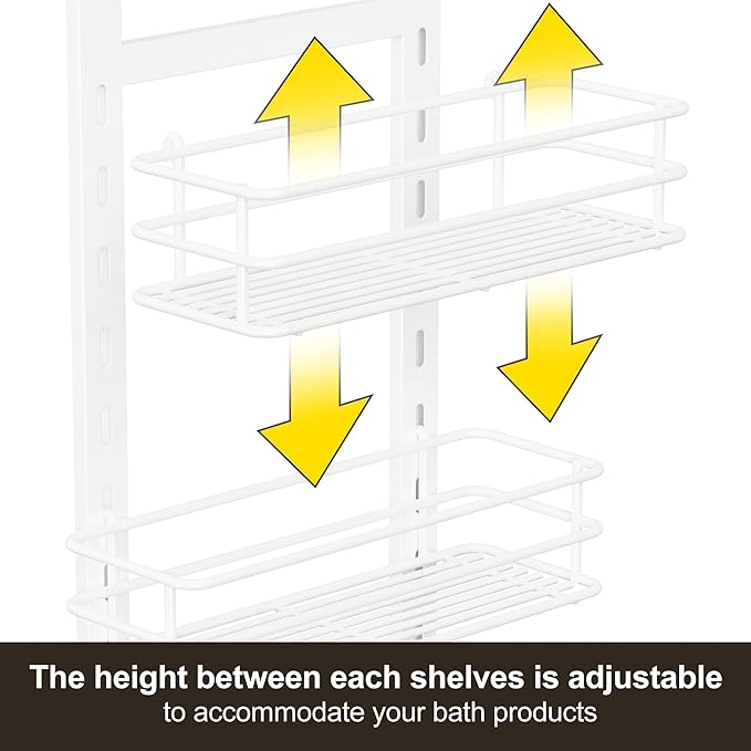 Orimade Adjustable Anti-slip Shower Caddy over Shower Head, Rustproof Bathroom Hanging Shower Organizer with 2 Hooks for Razor, No Drilling Shelves Storage Rack 2 Tier, White