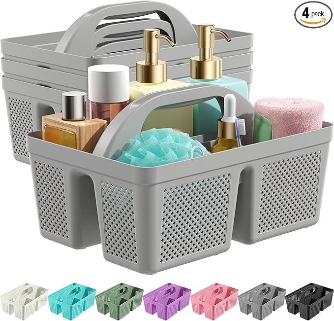 MLIKLU 4 Pack Portable Shower Caddy, Integrated Handle, Reinforced Plastic, Quick-Dry Ventilation Holes, Multi-purpose Storage Basket for Home, Dorm and Bathroom, Kitchen, Under Sink Storage, Grey